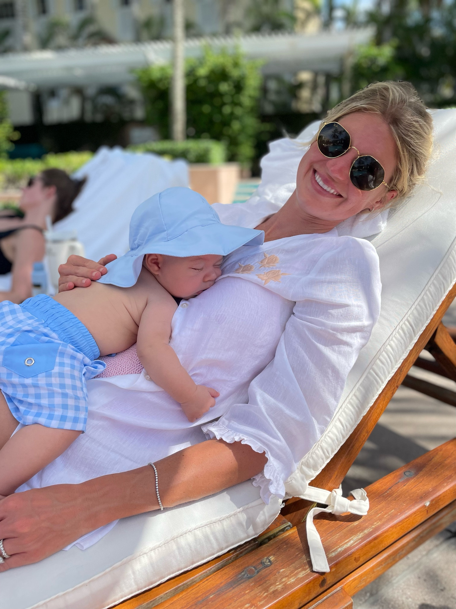 Pool day with my baby! Wore my favorite ray ban sunglasses with a custom fanm mon swimsuit cover up (linked some other options). Baby boy wore a blue gingham swimsuit and  baby sun hat !

Baby sun hat , baby bathing suit boy , white cover up , family beach vacation 

#LTKfindsunder50 #LTKswim #LTKbaby