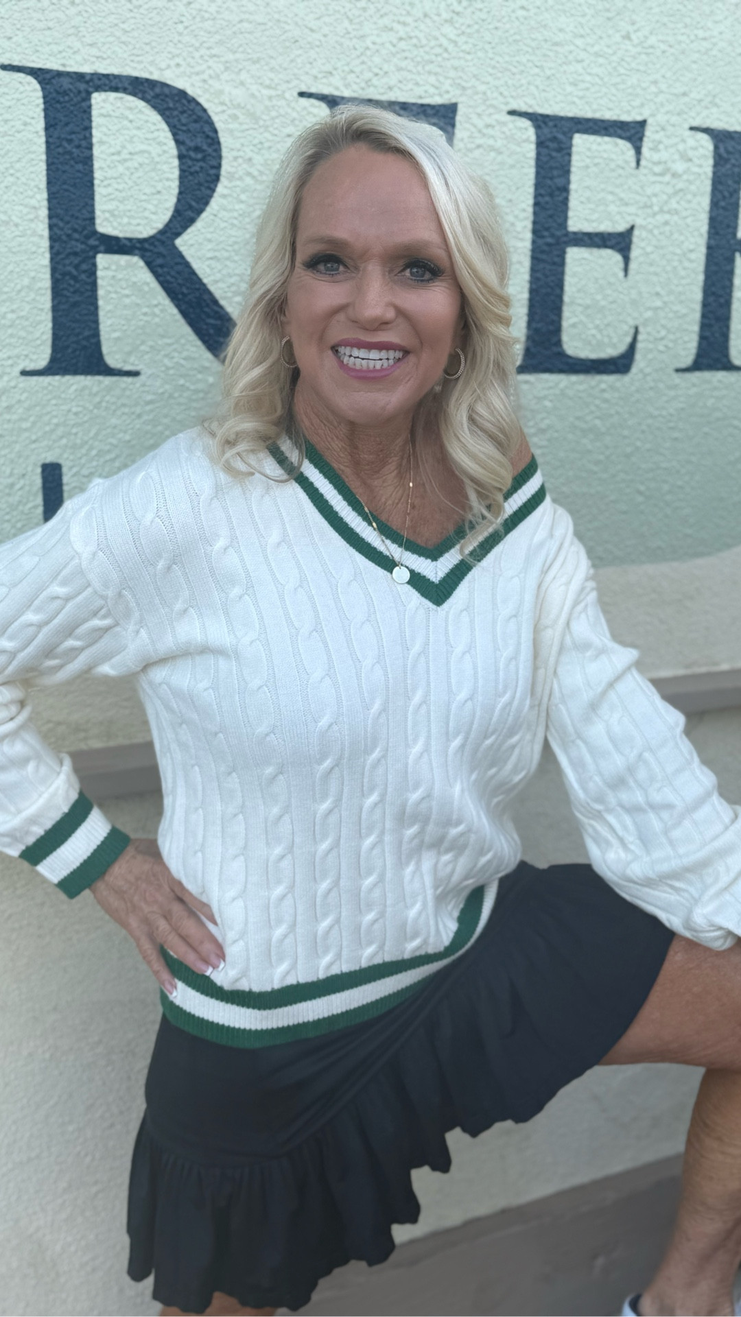 This is how you do effortlessly golf style! An ivory v neck sweater paired with an adidas golf skirt. Finishes with new balance golf shoes.  Polished, comfy, and wearable everywhere!  Shop exact outfit on Amazon Storefront:  #https://amzn.to/3Zd9Imx #Athleasure #sportychic #LTKstyletips 

#LTKFindsUnder50 #LTKActive #LTKMidsize