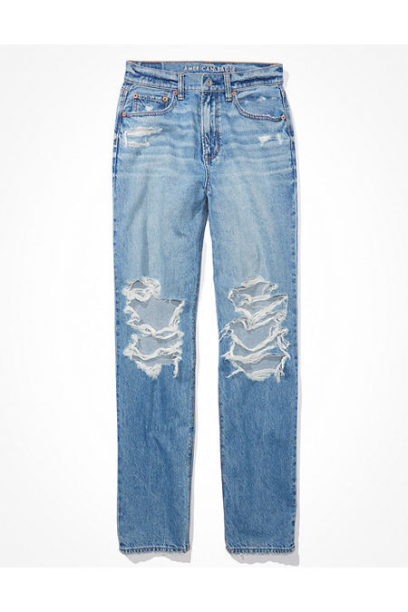 AE Strigid Ripped Highest Waist Baggy Straight Jean Women's Medium Indigo Wash 8 Long | American Eagle Outfitters (US & CA)