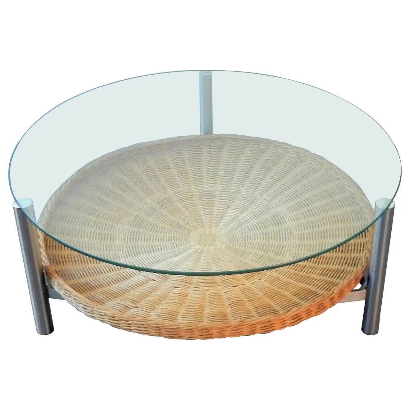 Vintage Coffee Table of a Metal Frame, Wicker Basket and Glass Top, Netherlands | 1stDibs