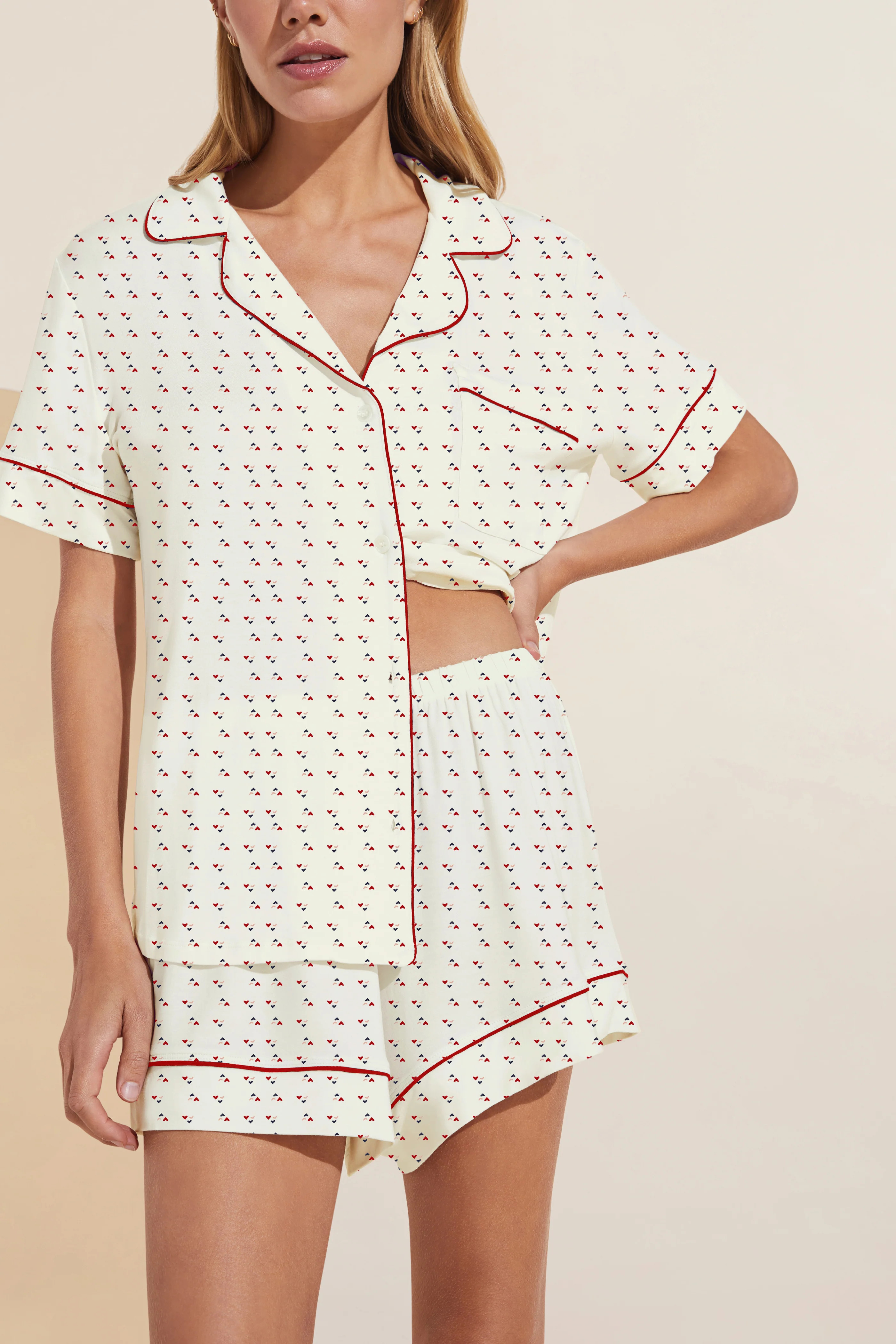 Gisele Printed TENCEL™ Modal Relaxed Short PJ Set - Triple Heart/Haute Red | Eberjey