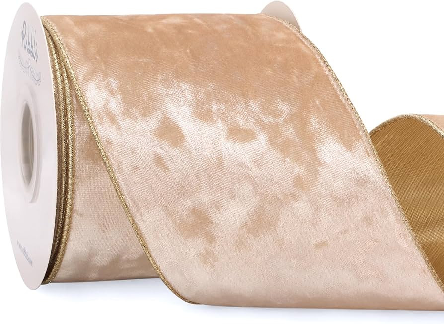 Ribbli Champagne Velvet Wired Ribbon 4 Inch Metallic Champagne Gold Crushed Velvet Christmas Ribb... | Amazon (US)