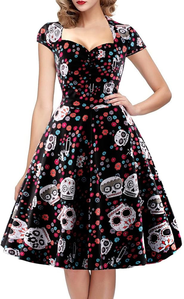oten Women's Halloween Vintage Swing Dress Retro Polka Dot Rockabilly Sugar Skull Cocktail Party ... | Amazon (US)