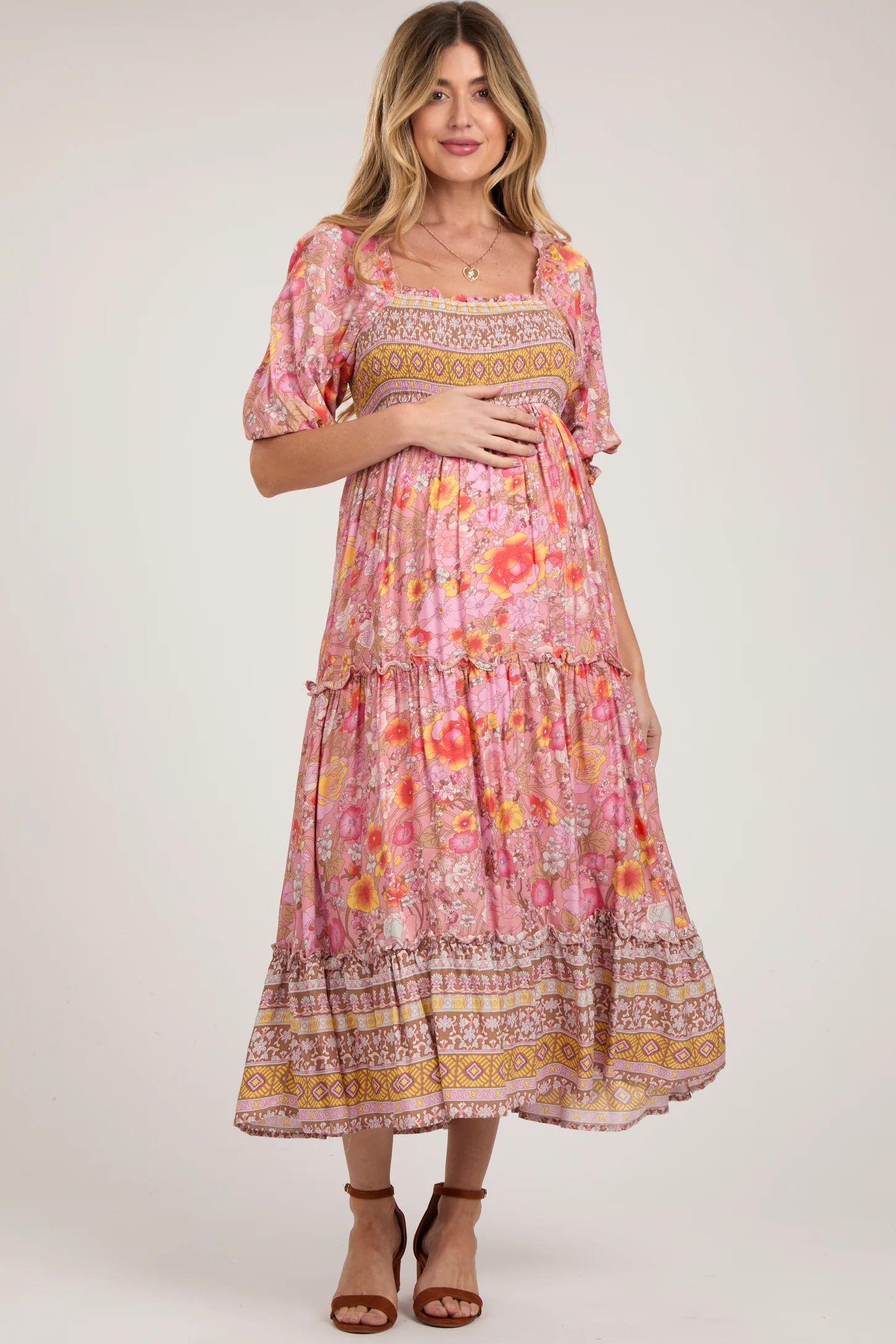 Pink Floral Smocked Half-Length Sleeves Maternity Midi Dress | PinkBlush Maternity