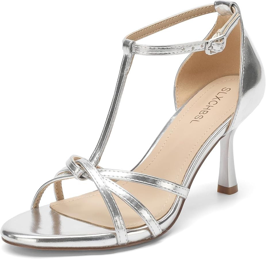High Kitten Heel Sandals for Women, T-Strap Round Open Toe 3 Inch | Amazon (US)