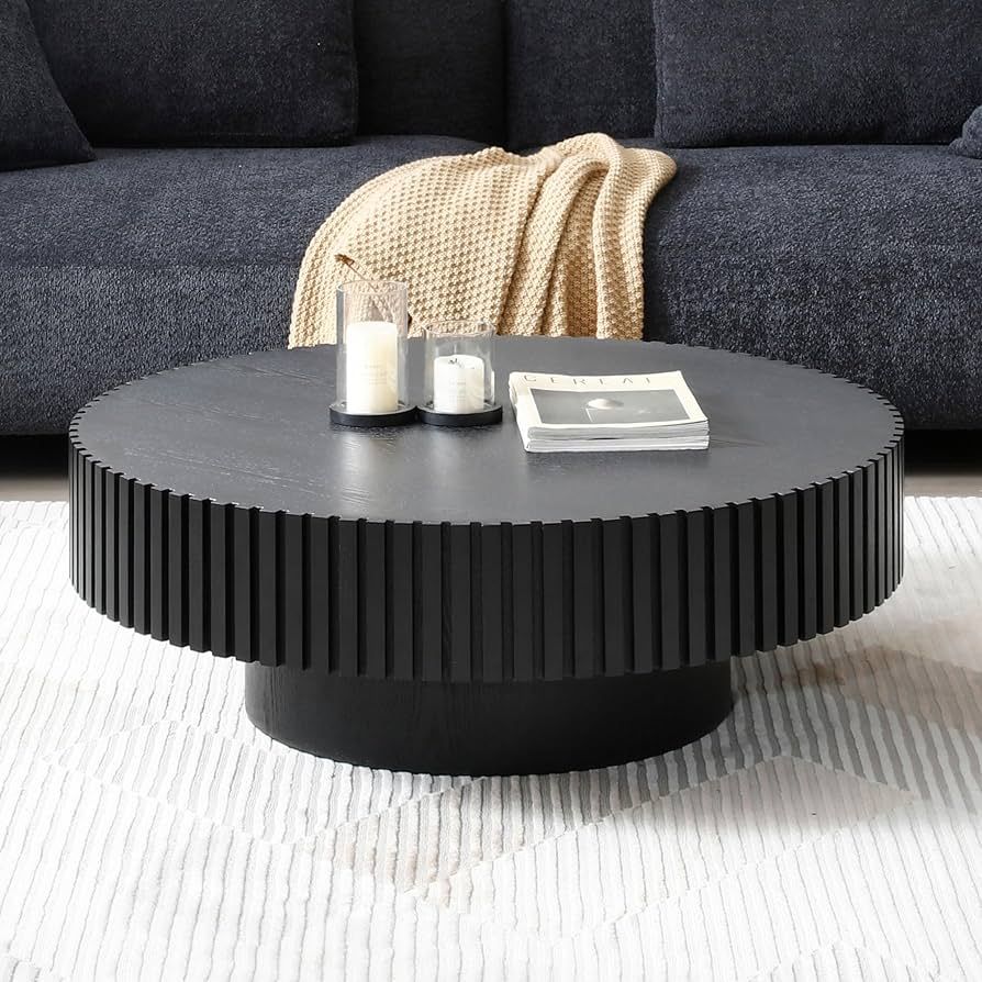 31.49" Black Round Coffee Table, Farmhouse Wood Coffee Table for Living Room,Circle Drum Coffee T... | Amazon (US)
