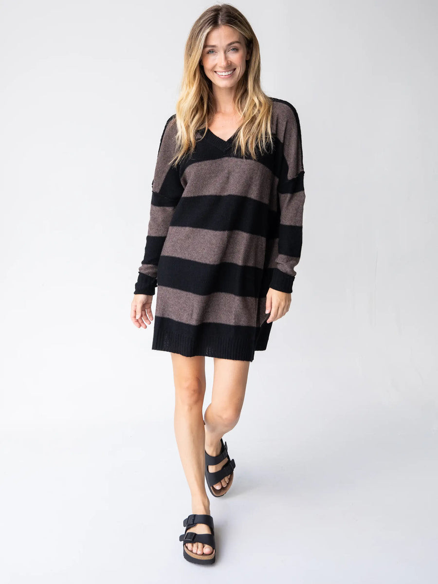 Slouchy V-Neck Sweater Dress - Black | Natural Life