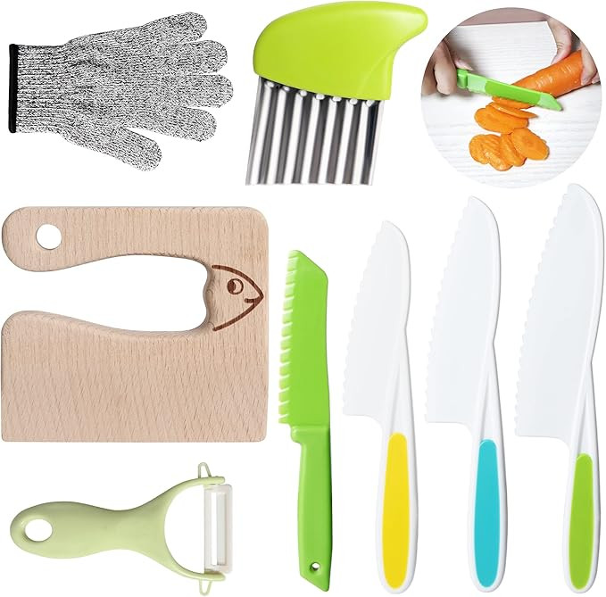 8 Pieces Kids Kitchen Baking Knife Set Included 4 Children's Cooking Knives1Potato Slicer 1 Woode... | Amazon (US)