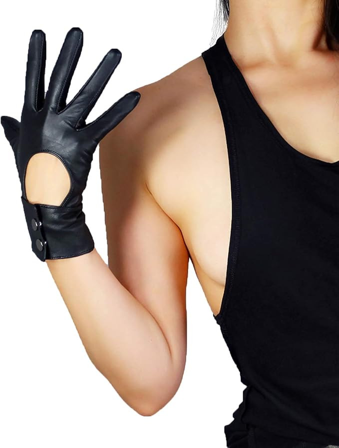 DooWay Black Leather GLOVES TECH Short Real Lambskin Genuine Sheepskin Belt with Button Closure C... | Amazon (US)