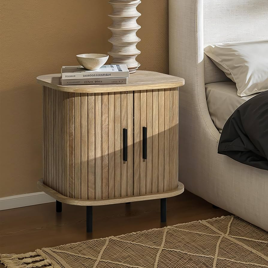 LuxenHome Small Fluted Nightstand with Storage, Mid Century Modern Sliding Door Nightstand, Boho ... | Amazon (US)