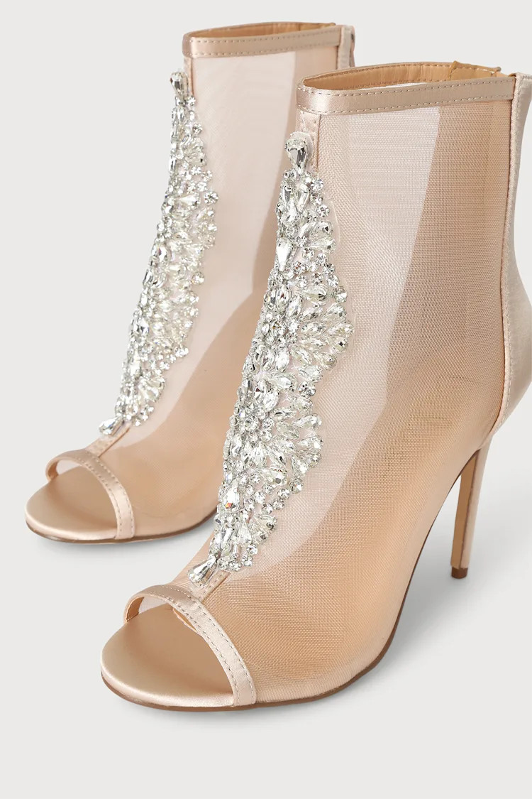 Hanakun Rose Gold Satin Rhinestone Peep-Toe Booties | Lulus (US)