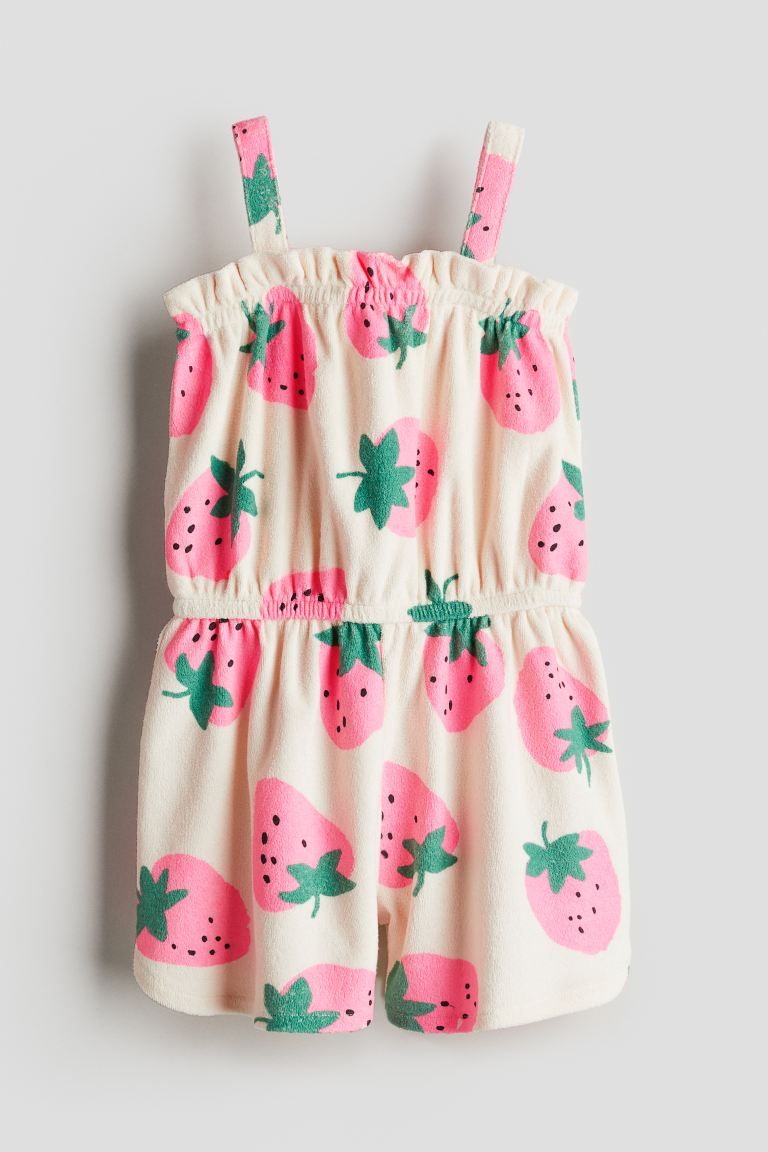 Patterned Terry Jumpsuit - Square Neckline - Sleeveless - Cream/strawberries - Kids | H&M US | H&M (US + CA)