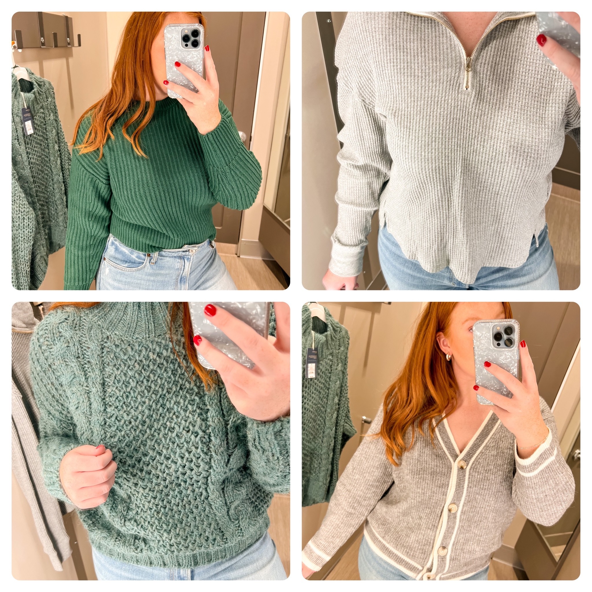 Target tops! Love the green ones for this time of year!! Sweaters run big, wearing a small in all. Waffle knit quarter zip runs slightly small so I sized up one. 

#LTKstyletip #LTKunder50 #LTKSeasonal
