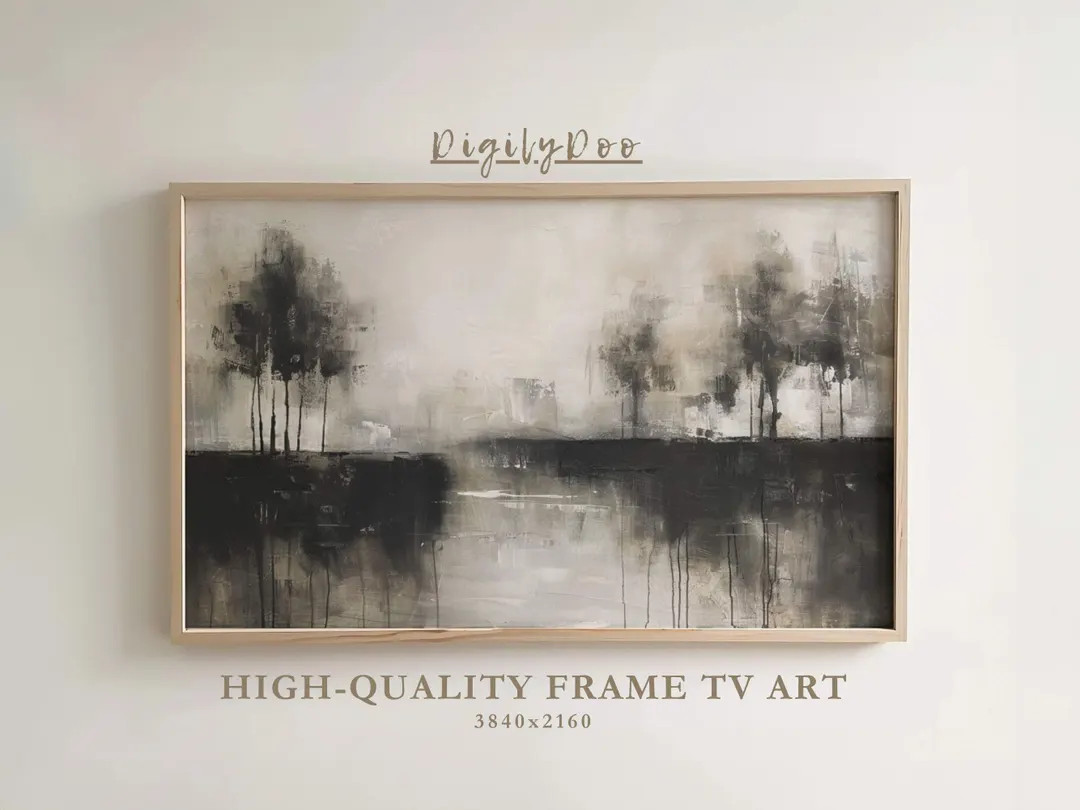 Abstract Modern Frame TV Art, Sombre Black Trees Painting Minimalist Samsung Wall Artwork Wabi Sa... | Etsy (US)