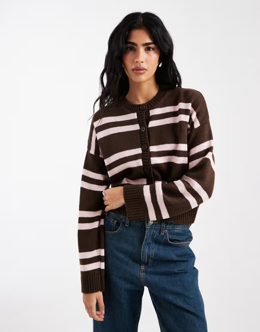 ASOS DESIGN striped cardigan in chocolate and pink-Brown | ASOS (Global)