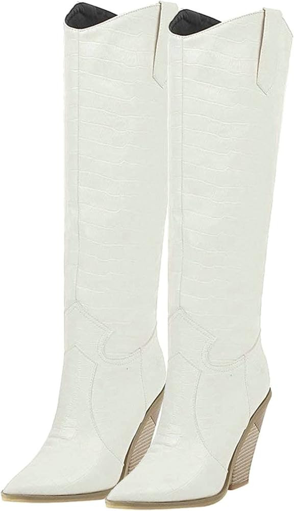 Bellirala Womens Stacked Chunky Heels Cowgirl Boots Knee High Pointed Toe Western Cowboy Tall Boo... | Amazon (US)