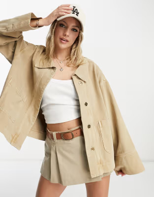 Urban Revivo contrast stitch denim jacket in camel | ASOS (Global)