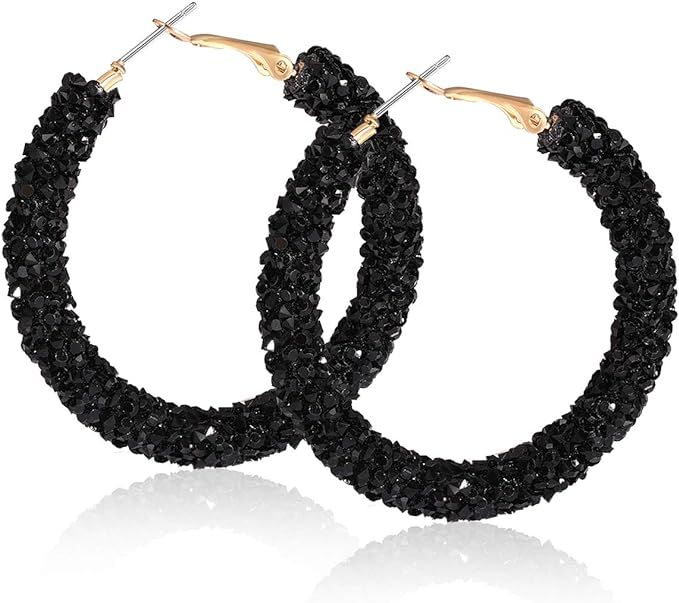 NLCAC Glitter Hoop Earrings Bohemian Sparkle Resin Rhinestone Wrapped Hoop Dangle Earrings for Wo... | Amazon (US)
