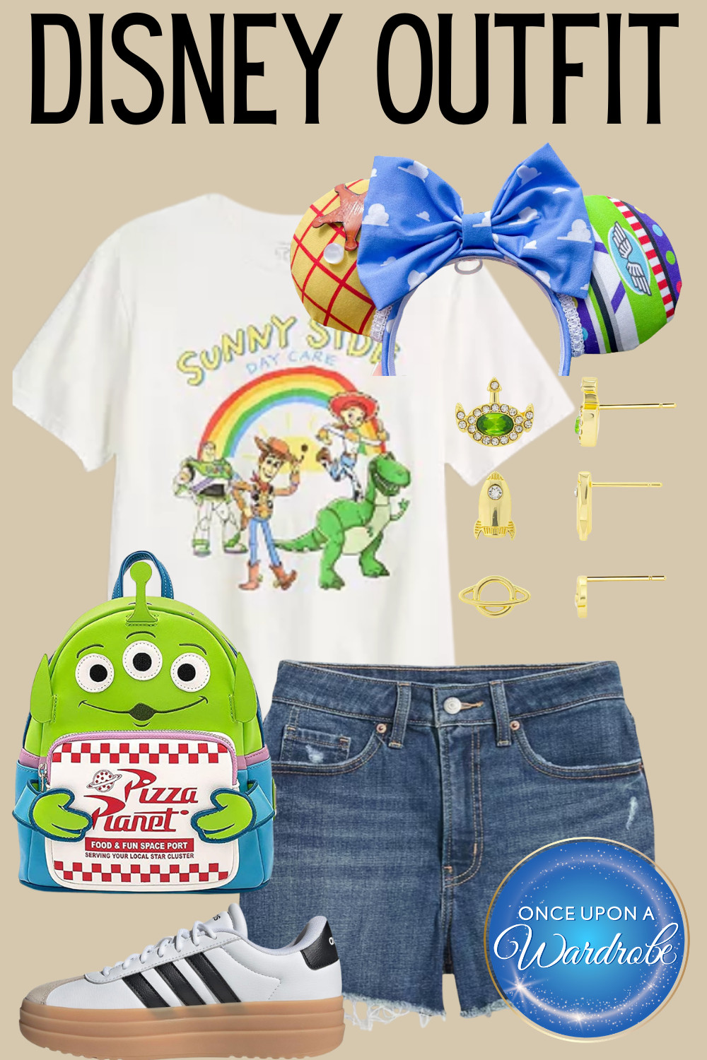 Heading to Hollywood Studios or sailing on Pixar Day at Sea? This Toy Story–inspired Disney outfit is playful, comfortable, and perfect for a full park day. The Sunny Side Day Care tee pairs with classic denim shorts and platform sneakers for an easy Disney park outfit, while the Pizza Planet alien backpack adds the perfect Pixar touch. I finished the look with Toy Story ears and subtle space-inspired jewelry for a fun Hollywood Studios outfit for women that still feels practical for rides, snacks, and character photos. 

 #LTKmomlife #LTKTravel