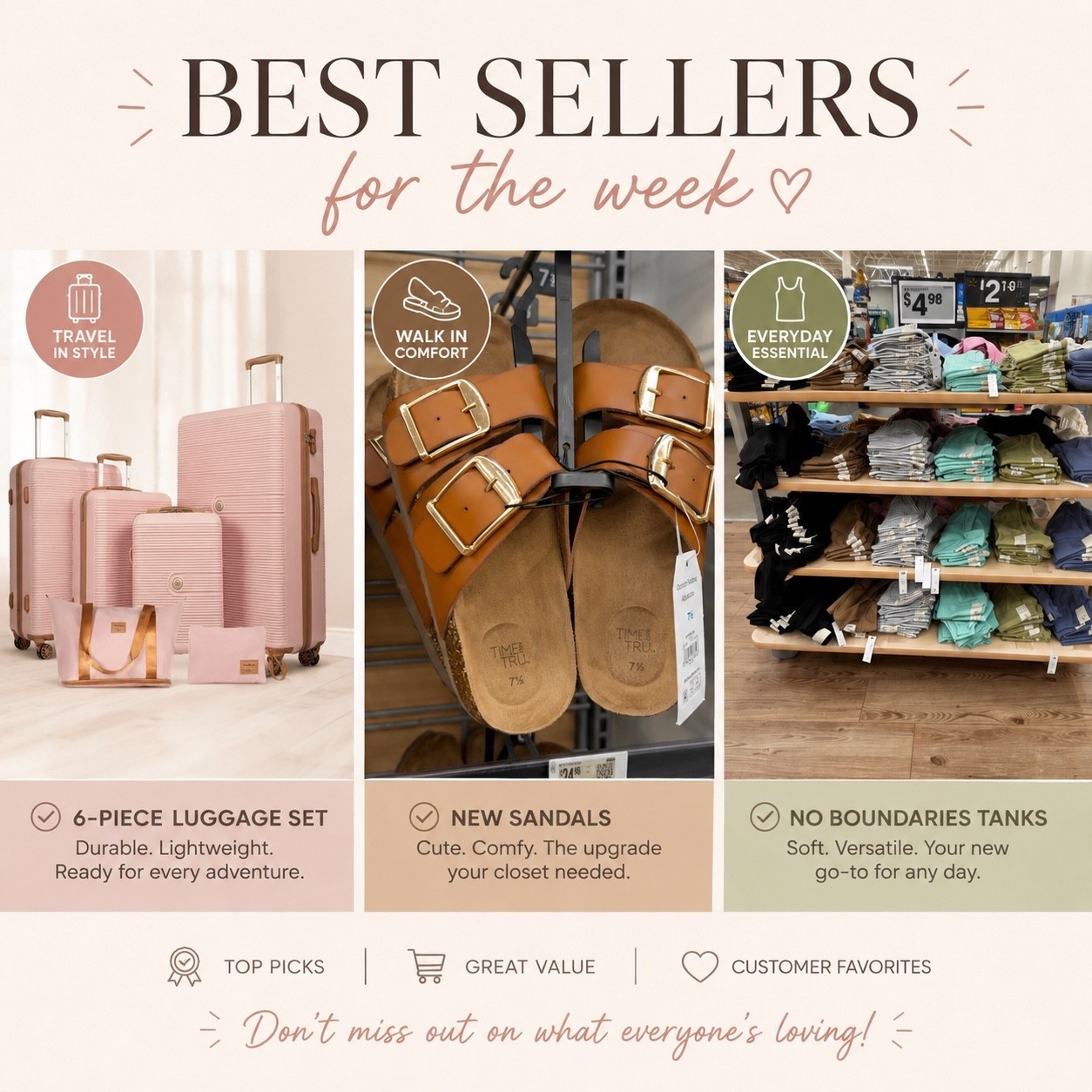 🔥 BEST SELLERS OF THE WEEK 🔥

These finds are flying off the shelves for a reason 👀✨
🧳 Chic luggage sets for your next getaway
👡 Comfy sandals you’ll wear on repeat
🤍 No Boundaries tanks starting at just $4.98

Cute, affordable, and perfect for summer ☀️
Don’t wait too long — everyone’s grabbing these favorites fast! 🛍️

Tap the link to shop before they’re gone

#LTKmomlife #LTKTravel #LTKActive
