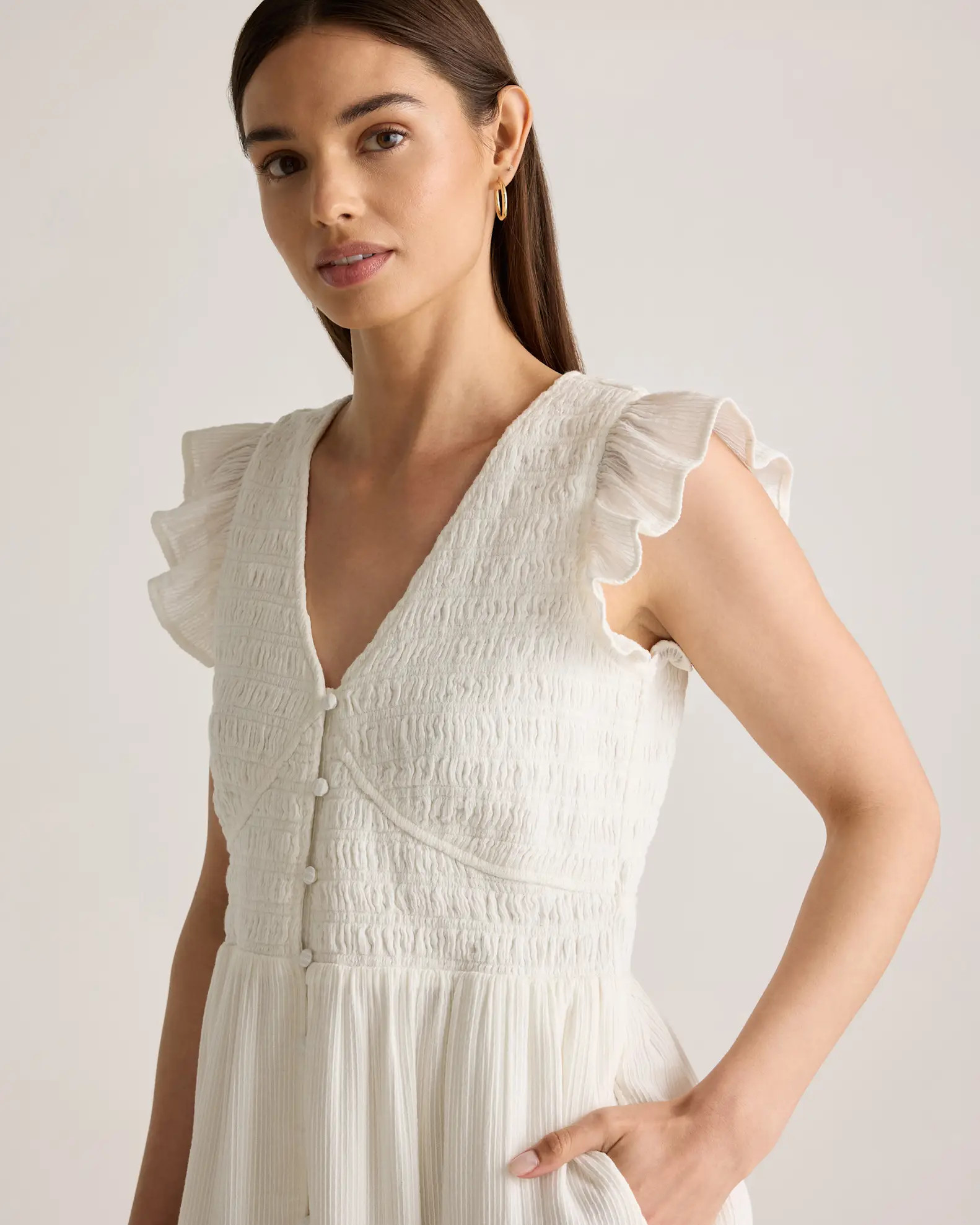White Organic Textured Cotton Smocked V-neck Midi Dress | Quince