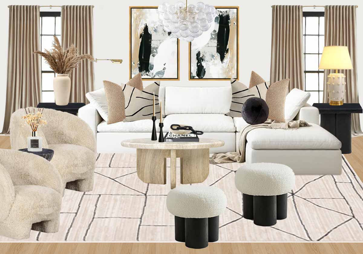 Amazon Affordable Home Decor Neutral Living Room decorating ideas on a budget. Cloud sofa, black accent chair, stone coffee table, throw pillows, abstract artwork, bubble chandelier, fur accent chair, boucle ottoman

#LTKHome #LTKOver40 #LTKStyleTip