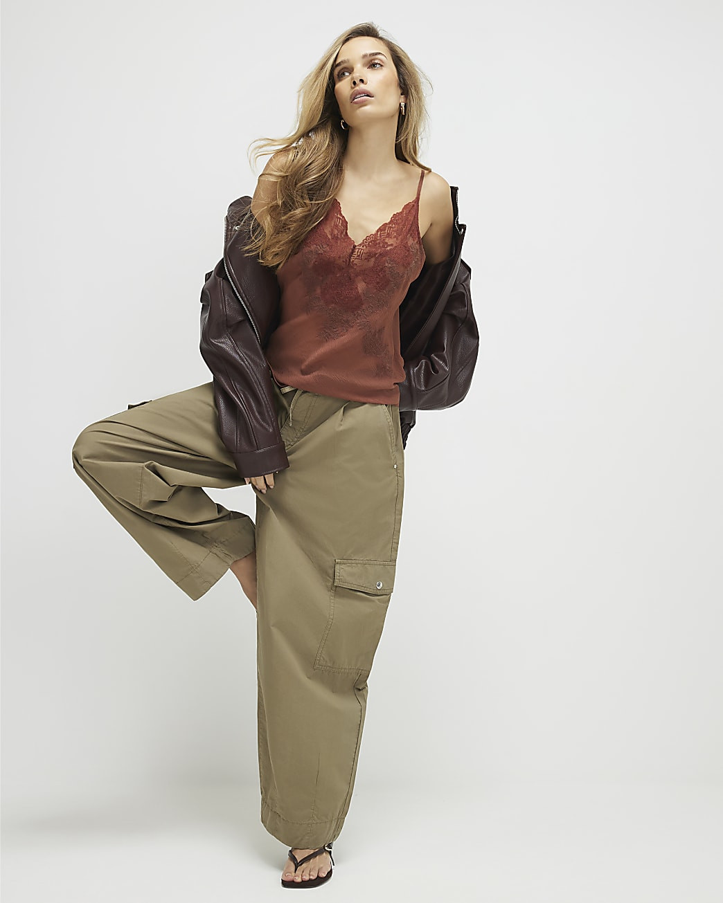 Khaki Barrel Leg Cargo Trousers | River Island UK & IE