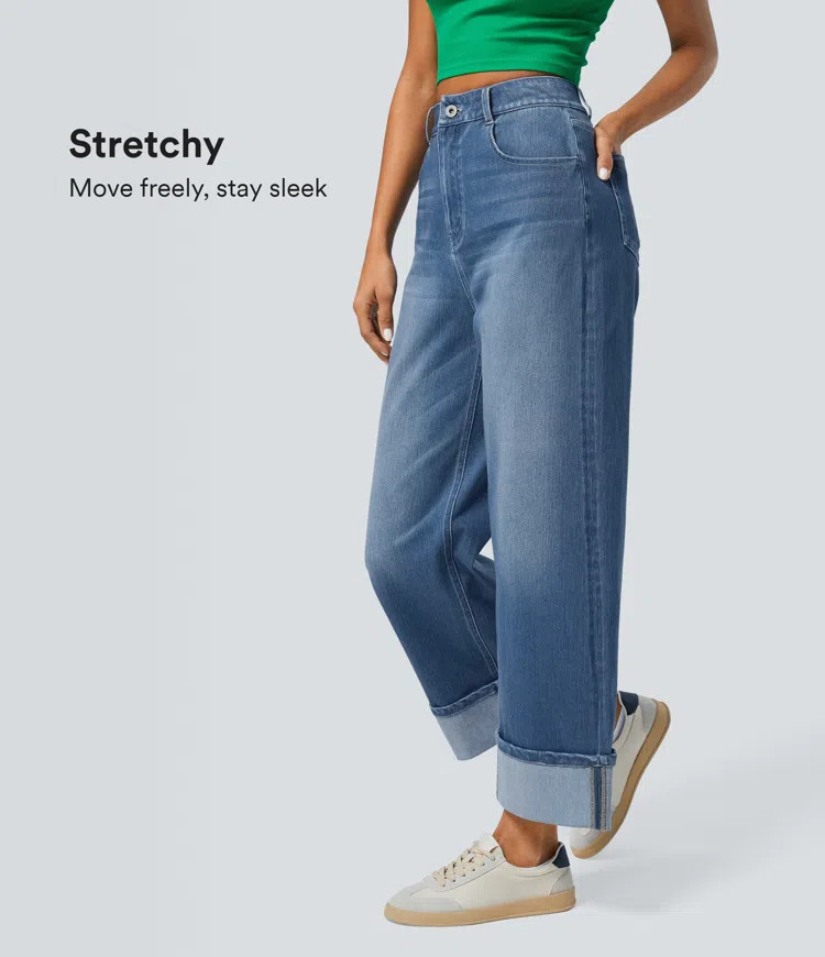 Halara Flex™ High Waisted Pockets Rolled Hem Wide Leg Washed Casual Jeans | HALARA
