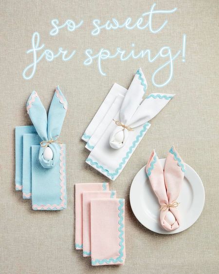 love these ric rac table napkins! Perfect for this spring season | table linens | wavy | pink | blue | white | Easter | tablescape | decor | hosting 

#LTKhome #LTKparties