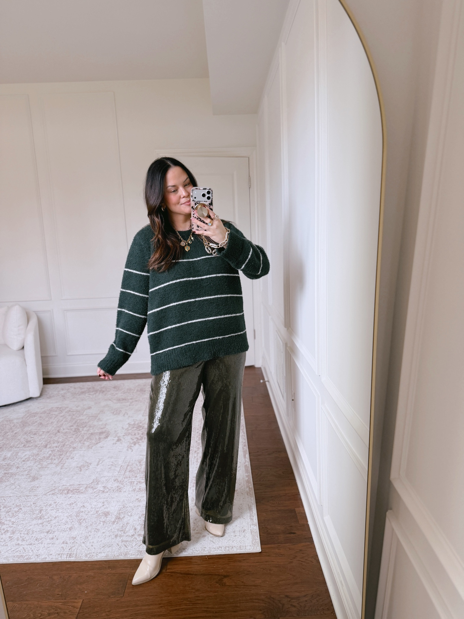 Love this festive chic look thats still really comfy.. I may wear this on Christmas eve or NYE! Wearing a large in the pants and sized up to an XL in the sweater.. 

 #LTKHoliday #LTKootd #LTKMidsize