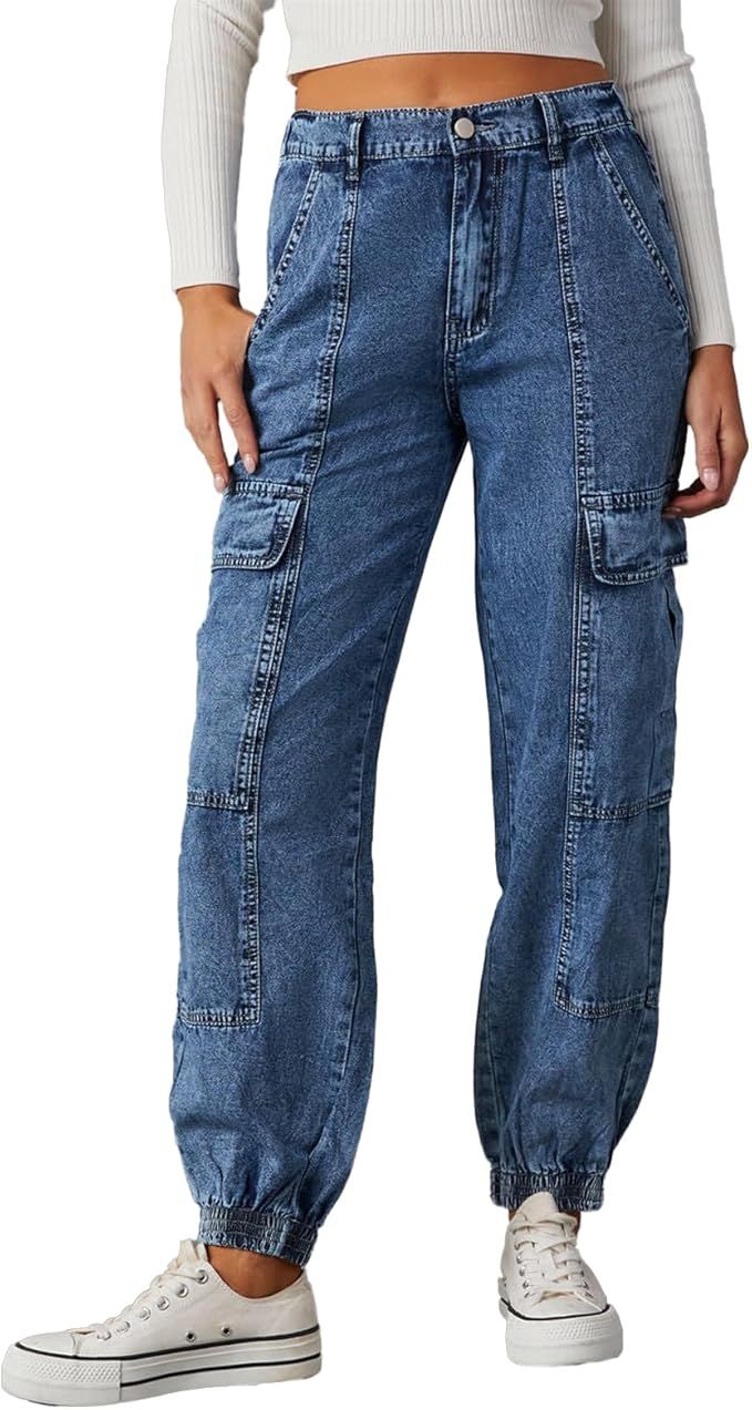 Women's Cargo Jogger Jeans Elastic High Waist Slim Denim Cargo Pants Flap Pocket Y2K Streetwear C... | Amazon (US)