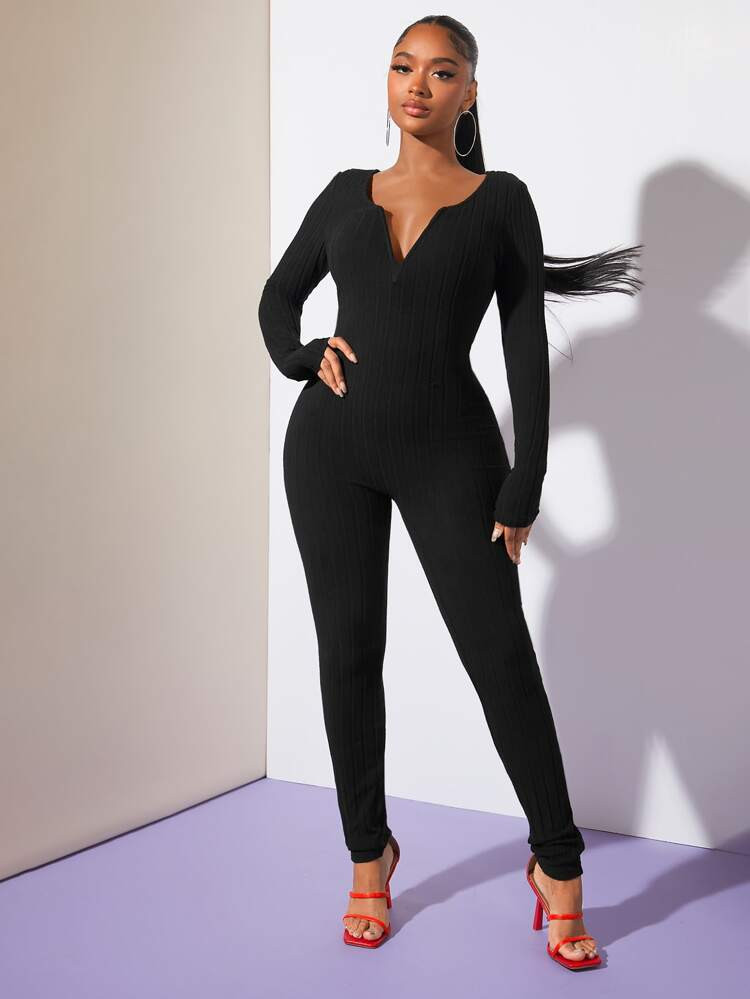 SHEIN SXY Solid Notched Neck Unitard Jumpsuit | SHEIN