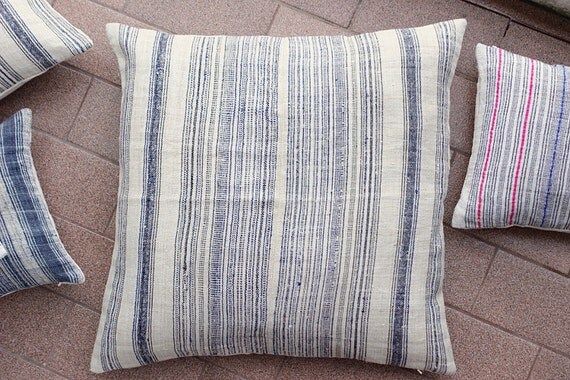 VINTAGE Hand Woven HEMP Organic HMONG Ethnic A Piece Of Tribal Textile Striped blue Pillow Cover T03 | Etsy (US)