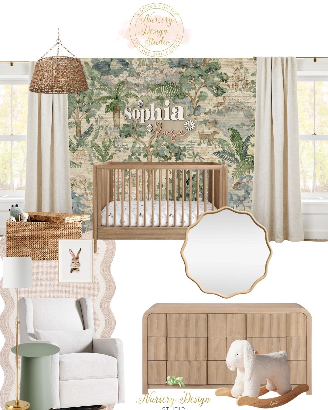 A calming, nature-inspired nursery with soft greens, light wood finishes, and layered textures. Shop this nursery design—crib, nursery dresser, rug, lighting, and nursery  decor 

#LTKmomlife #LTKBump #LTKBaby