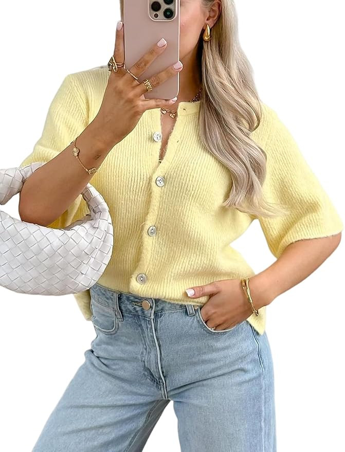 Arssm Women's Knitted Crop Cardigan Y2k Short Sleeve Button Down Cardigan Shirt Ribbed Knit Solid... | Amazon (US)