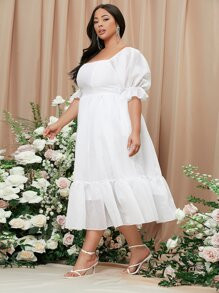 SHEIN Plus Square Neck Puff Sleeve Milkmaid Dress
   SKU: swdress07210315292      
          (150... | SHEIN
