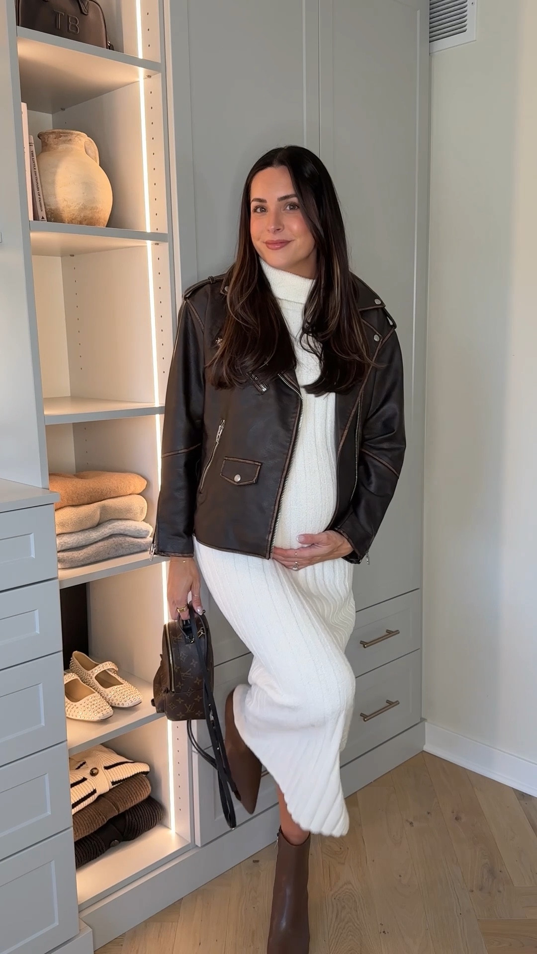 5 ways to wear chocolate brown this fall 🤎🍫🍂 

Outfit 1:
Moto jacket: true to size (S)
Cowl neck dress : true to size (S) size down if between
Booties: true to size, size up half if between (code TAYLOR20 for 20% off!)

Outfit 2:
Cowl neck sweater: tts (S) so soft
Striped pants: size down (XS) 
Uggs: tts

Outfit 3: 
Onesie: true to size (S) size up if between (double lined and v soft
Trench coat: tts (S) 
Ugg clogs: tts size up if between

Outfit 4:
Off the shoulder dress: true to size (S) 
Mesh rhinestone flats: tts 

Outfit 5:
Jacket: true to size (S)
Cowl neck pullover: tts (S)
Cargo joggers: tts (I sized up to a M for my bump) 

Fall pregnancy style / maternity gown / fall outfits

#LTKVideo #LTKBump #LTKStyleTip