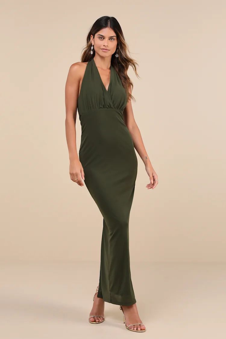 Celebratory Love Olive Green Mesh Ruched Halter Maxi Dress | Lulus