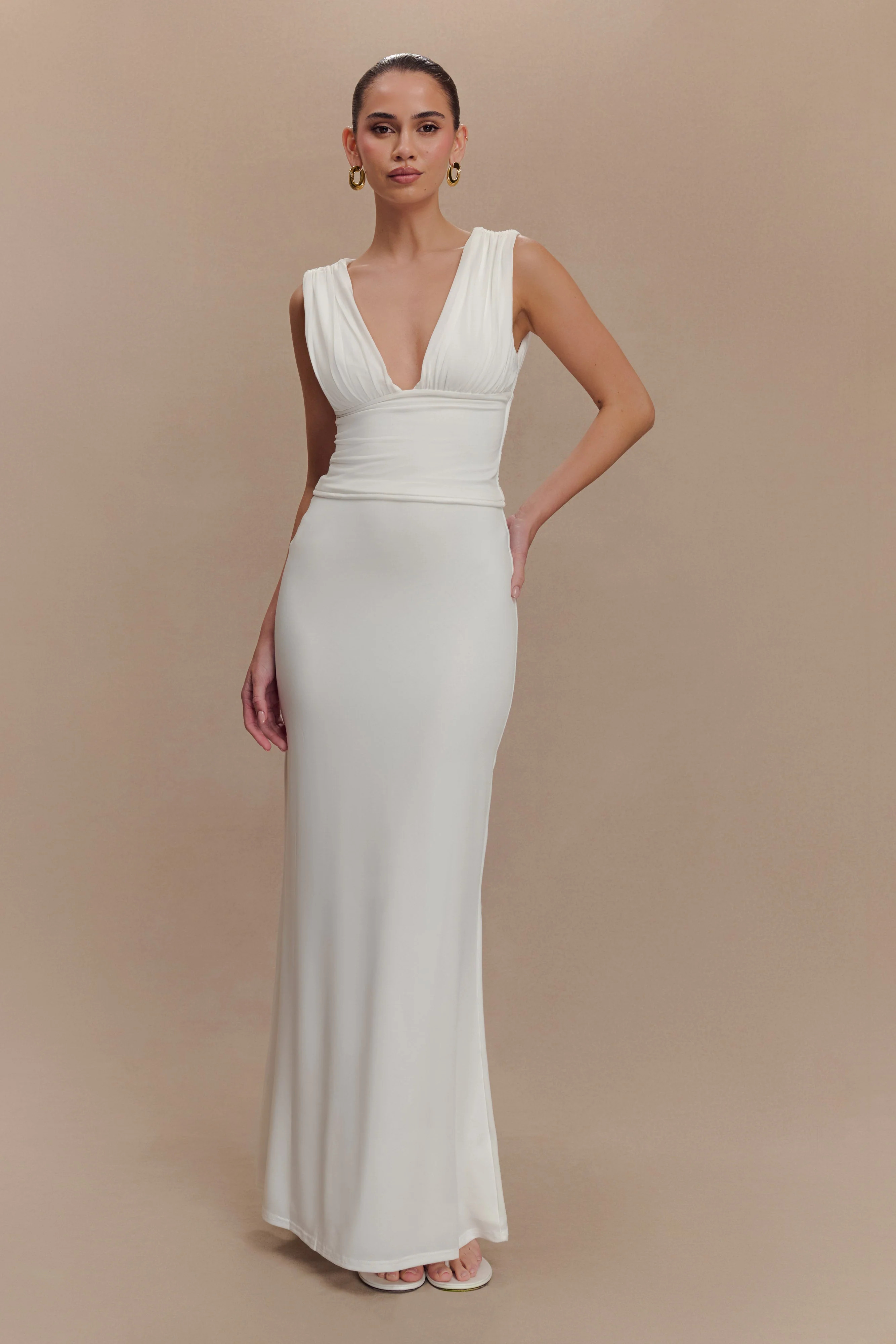 Kerrigan Slinky Ruched Sleeveless Top - White | MESHKI US