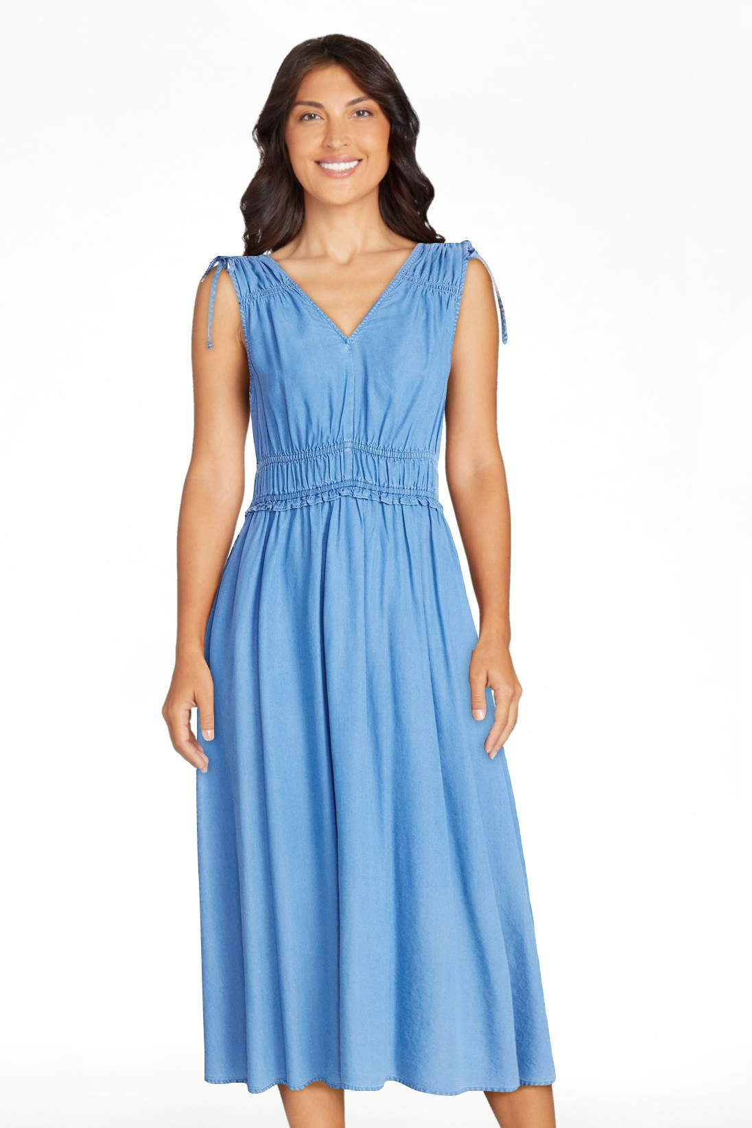 Time and Tru Women's Ruched Tie Shoulder Midi Dress, Sizes XS-XXXL | Walmart (US)