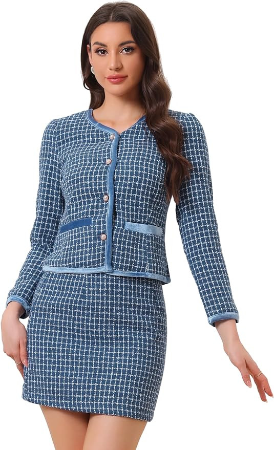 Allegra K Business Suit Set for Women's 2 Piece Outfits Plaid Tweed Easter Short Blazer Jacket an... | Amazon (US)