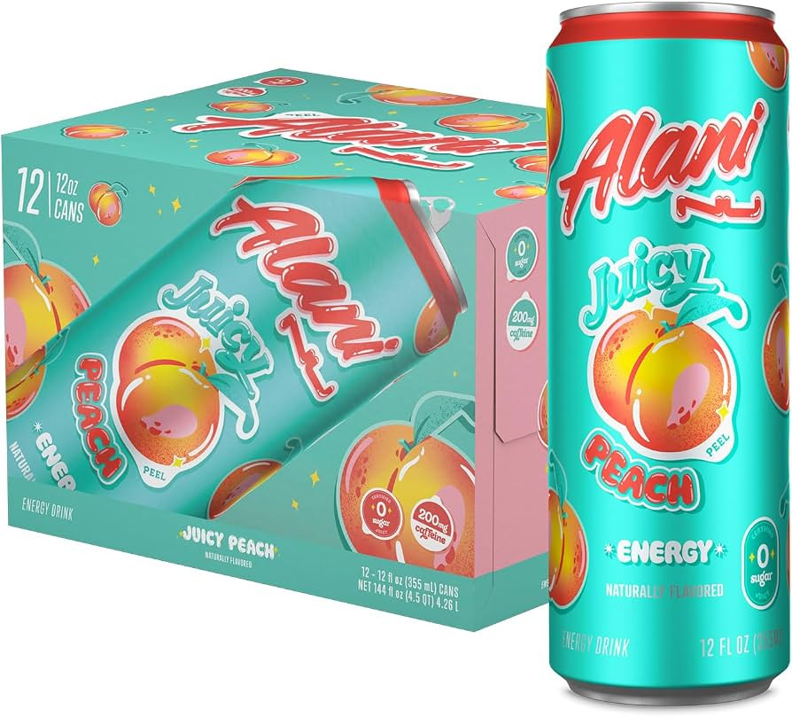 Alani Nu Sugar-Free Energy Drink, Pre-Workout Performance, Juicy Peach, 12 oz Cans (Pack of 12) | Amazon (US)