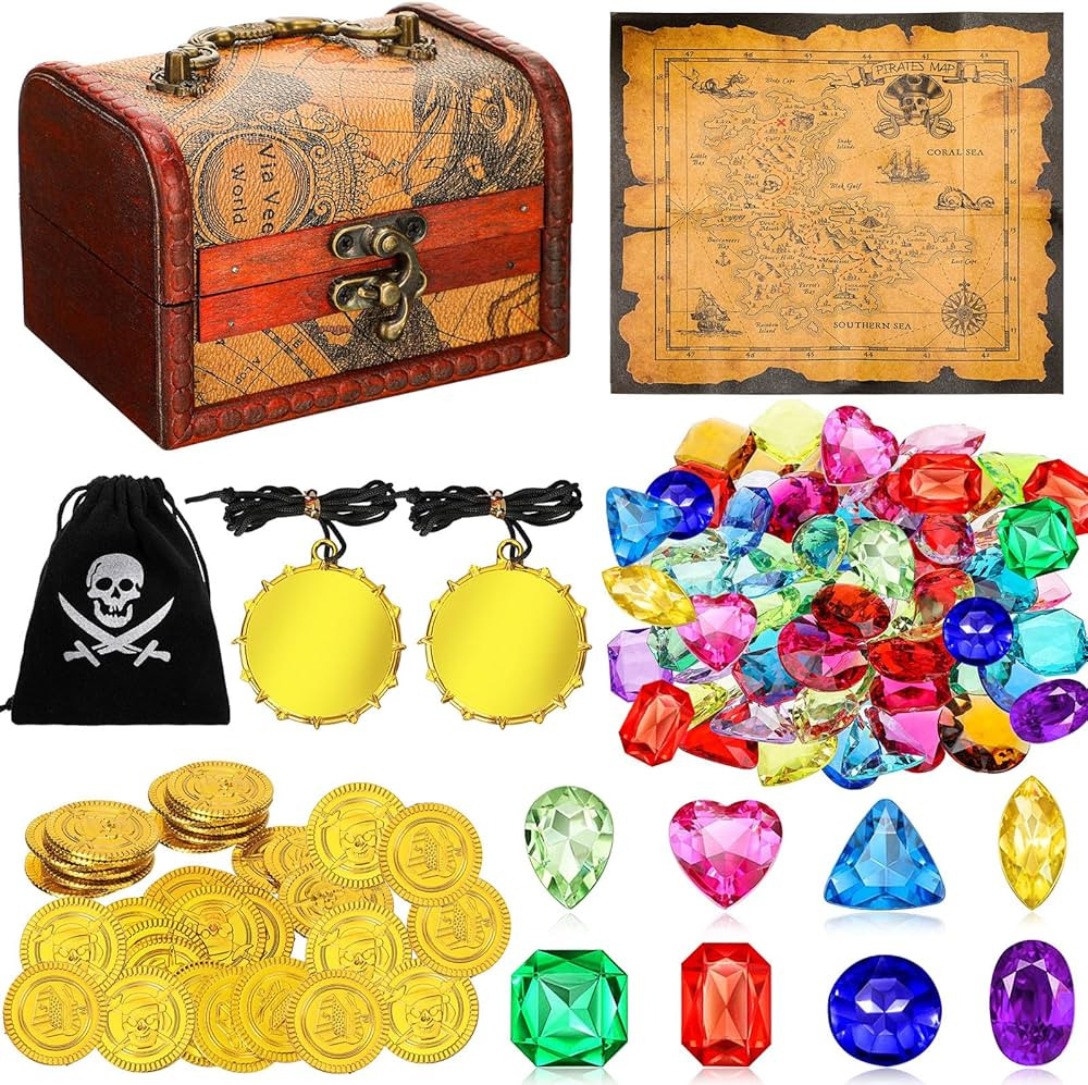 Yookeer 88 Pcs Pirate Treasure Chest for Kids, Antique Color Big Treasure Chest Box, Hunt Map, Go... | Amazon (US)