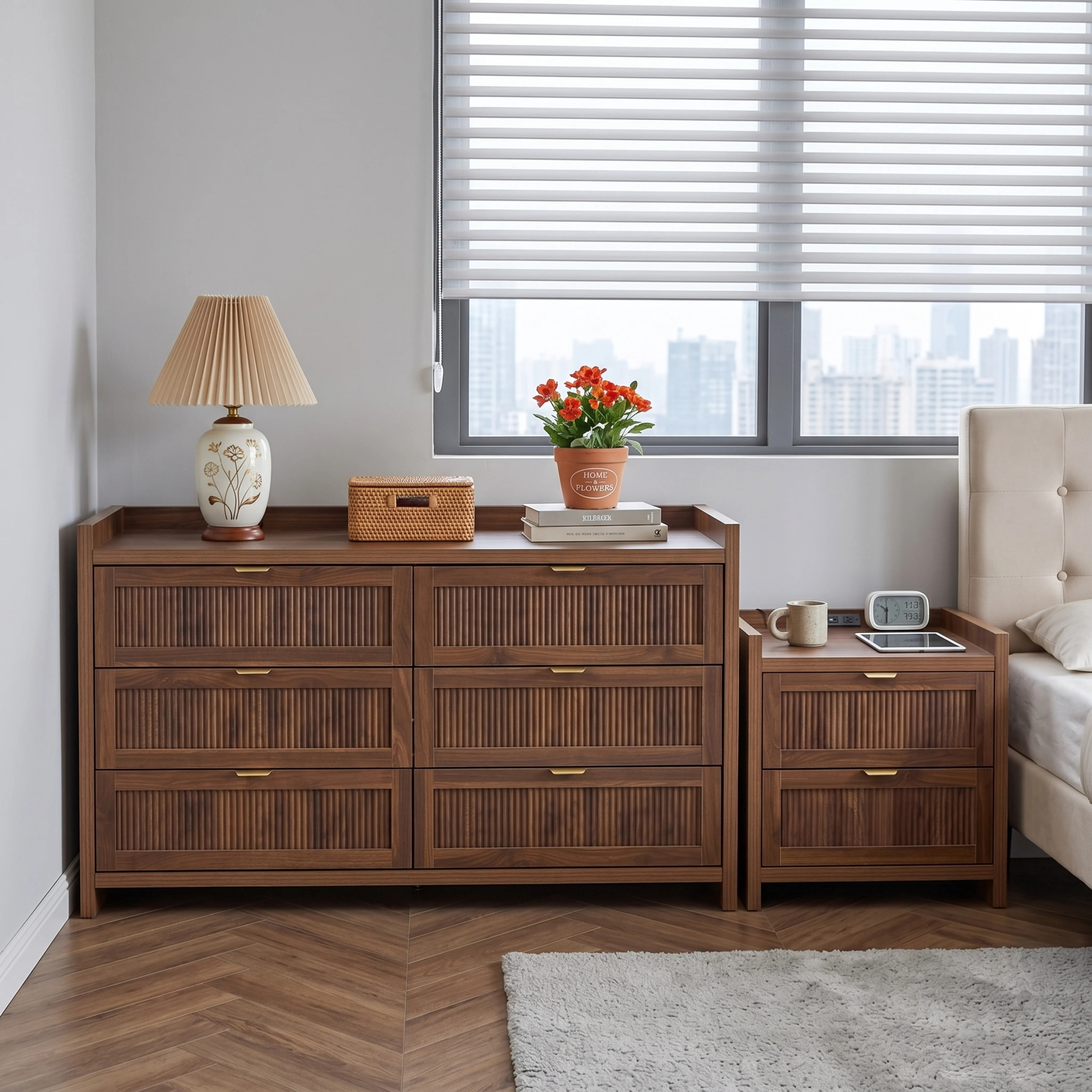 MIYZEAL 2-Piece Walnut Bedroom Furniture Set, 55.1" 6 Drawer Dresser & 25.2" 2 Drawer Fluted Nightstand, Mid-Century Storage Combo with Optional Charging Space for Bedroom | Walmart (US)
