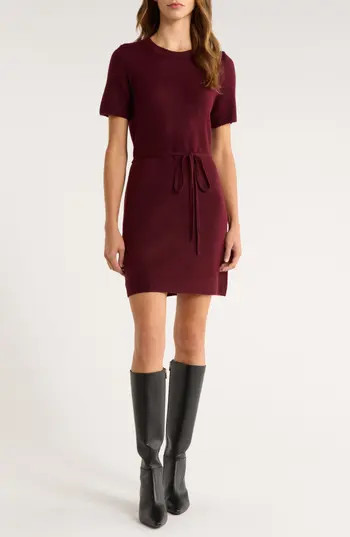 Halogen® Short Sleeve Tie Waist Sweater Dress in Wine at Nordstrom Rack, Size X-Large | Nordstrom Rack