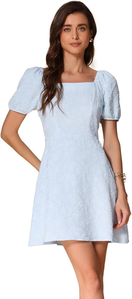 Allegra K Jacquard Floral Dress for Women's Square Neck A-Line Summer Puff Sleeve Dresses | Amazon (US)