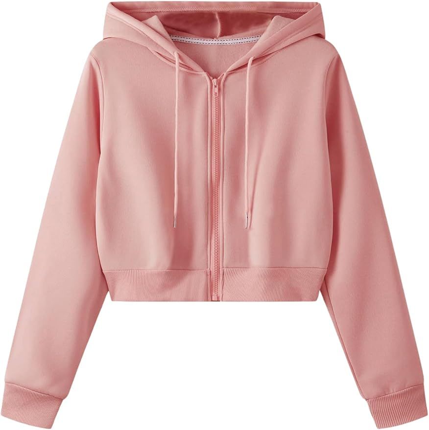 SweatyRocks Women's Long Sleeve Drawstring Full Zip Hooded Jacket Crop Sweatshirt | Amazon (US)