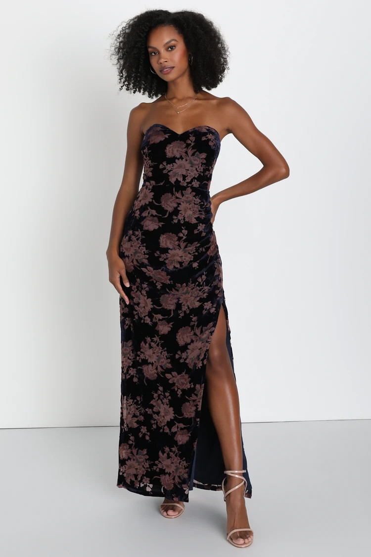 Exquisite Navy Blue Floral Burnout Velvet Strapless Maxi Dress | Lulus (US)