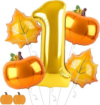 5Pcs Pumpkin First Balloon 40" Gold One Year Old Balloon Set for First Birthday Fall Birthday Dec... | Amazon (US)