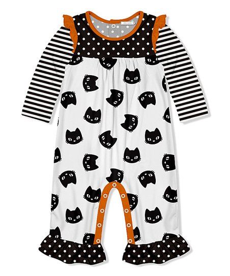 Black & White Stripe Cat Ruffle-Trim Playsuit - Infant & Toddler | Zulily